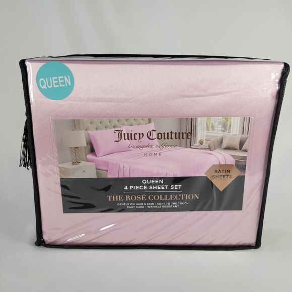 Juicy Couture Pastel Pink Satin 4pc QUEEN Sheets Set Easy Care Sleek Smooth Soft - Picture 4 of 13